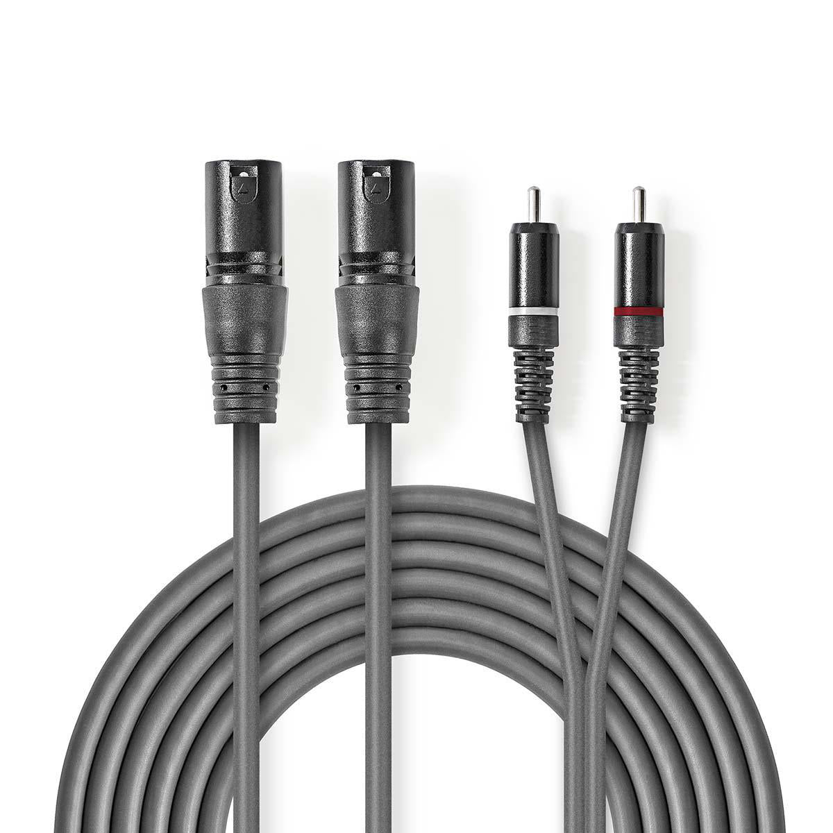 Nedis - Balanceret Audio kabel | 2x XLR 3-Pin Hanstik | 2x RCA Hanstik | Nikkelplateret | 3.00 m | Runde | PVC | Mørkegrå | Kartonhylster - COTH15210GY30