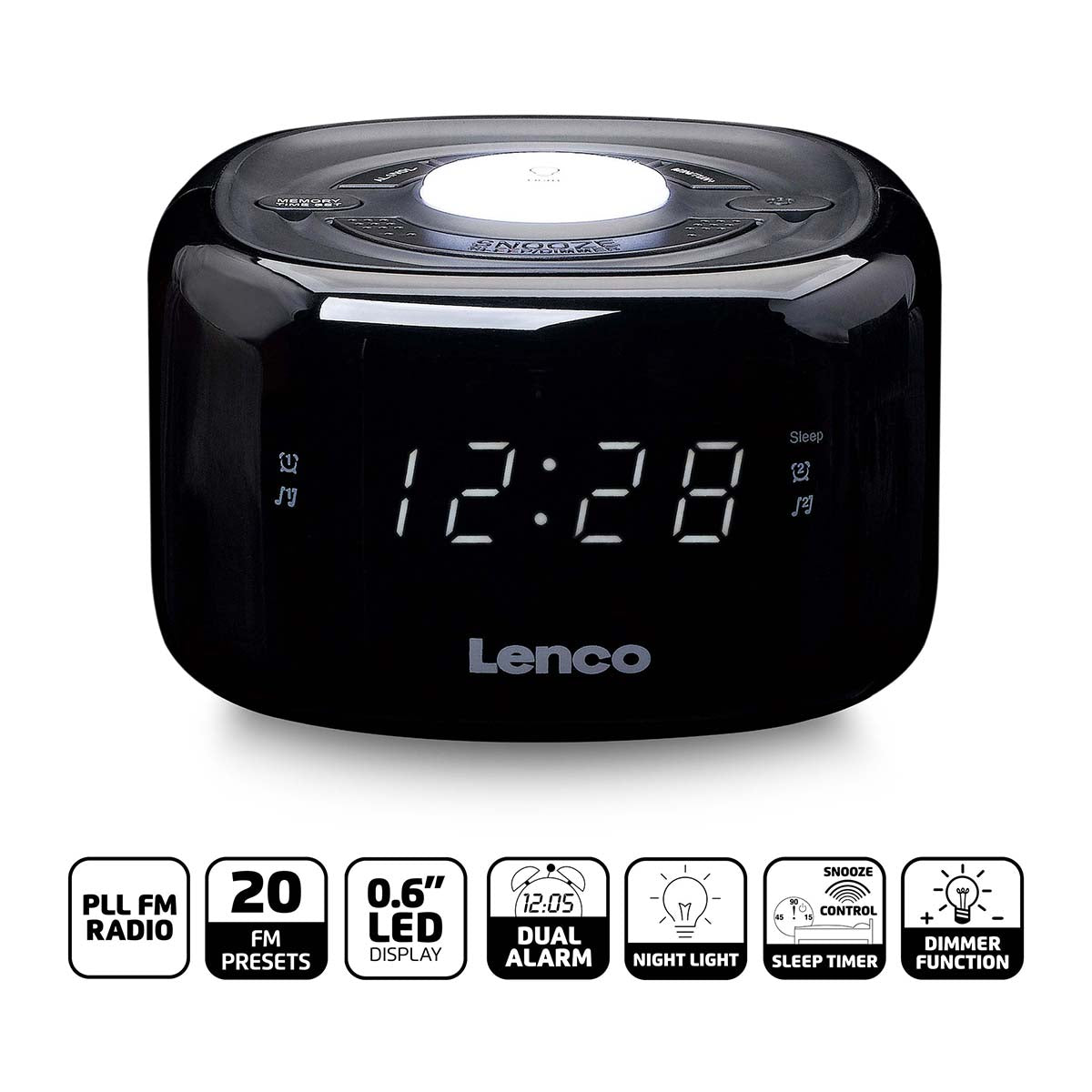 Lenco - FM Clock Radio med natlys Sort - CR-12BK