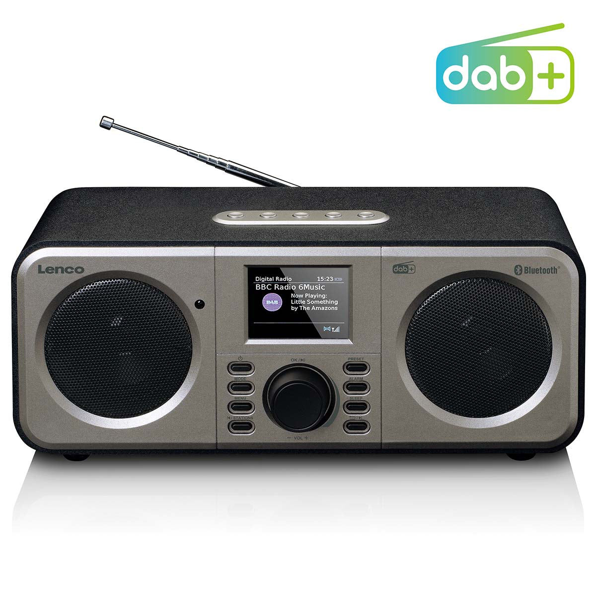 Lenco stereo DAB+ FM-radio med Bluetooth i sort farve model DAR-030BK med digital skærm og knapper til betjening samt teleskop antenne