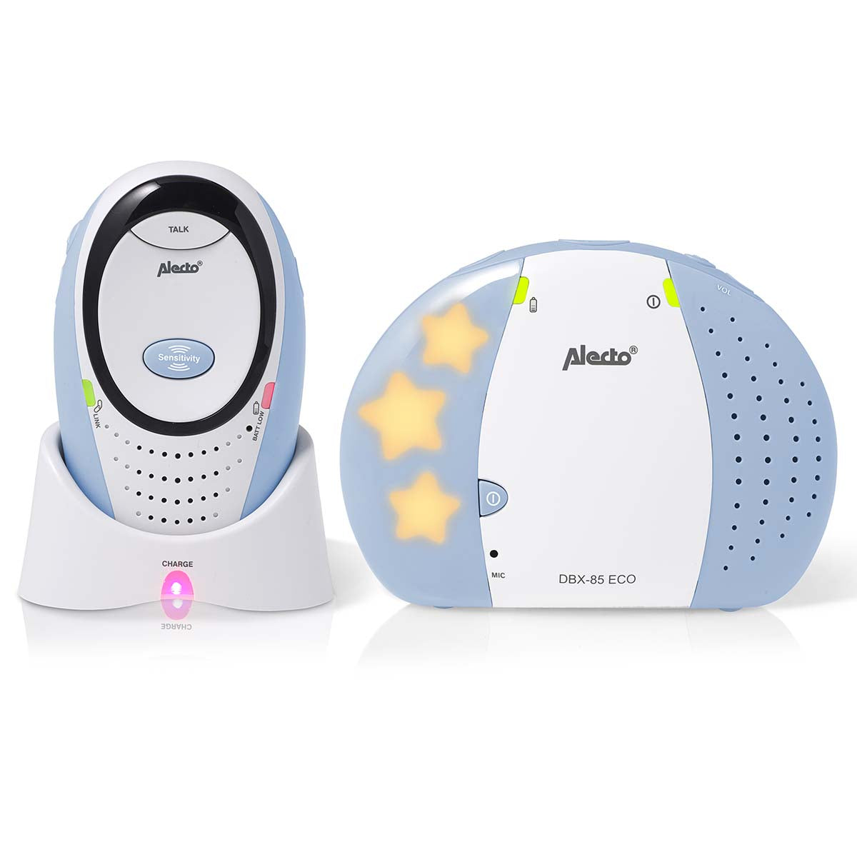 Alecto DBX-85 ECO DECT babyalarm i hvid og blå med enheder der inkluderer en bærer og en modtagere med stjerner der lyser som natlys og kontroller til lydstyrke og følsomhed