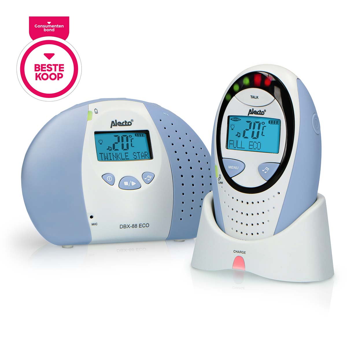 Alecto DBX-88 ECO fuld økologisk DECT babyalarm med display i hvid og blå farve to enheder med enhed til baby og forælder samt opladerstativ med digitalt skærmbillede der viser temperatur og statusindikatorer