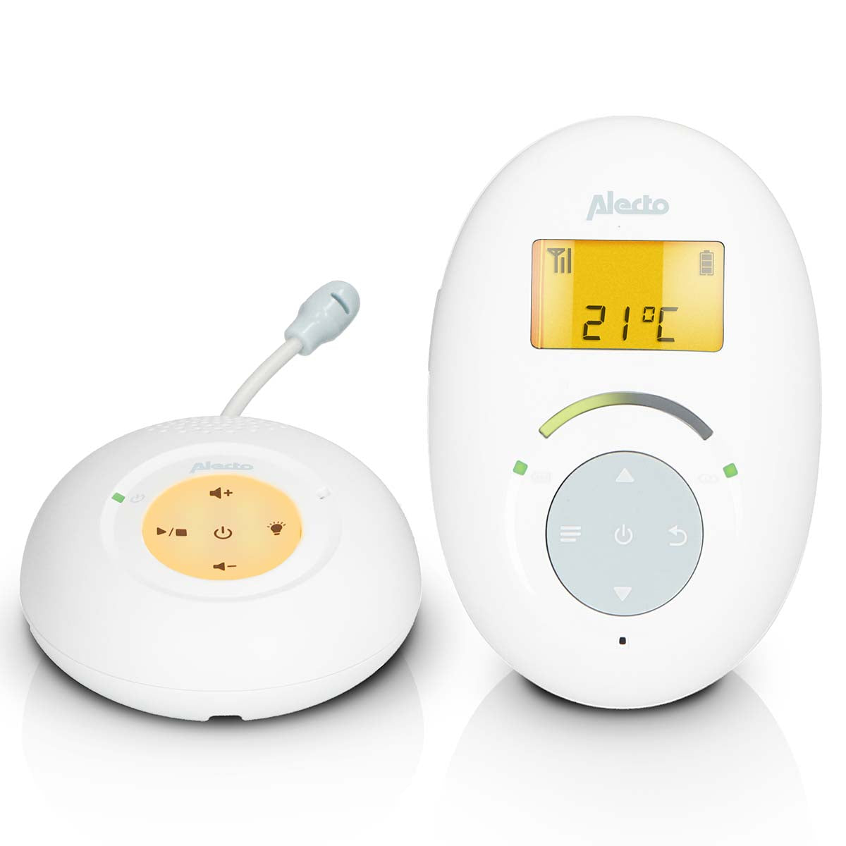 Alecto DBX120 Fuld Eco DECT babyalarm i hvid og blå farve med to enheder en hovedenhed med skærm der viser temperatur og en sensor enhed med knapper til lyd og lyskontrol