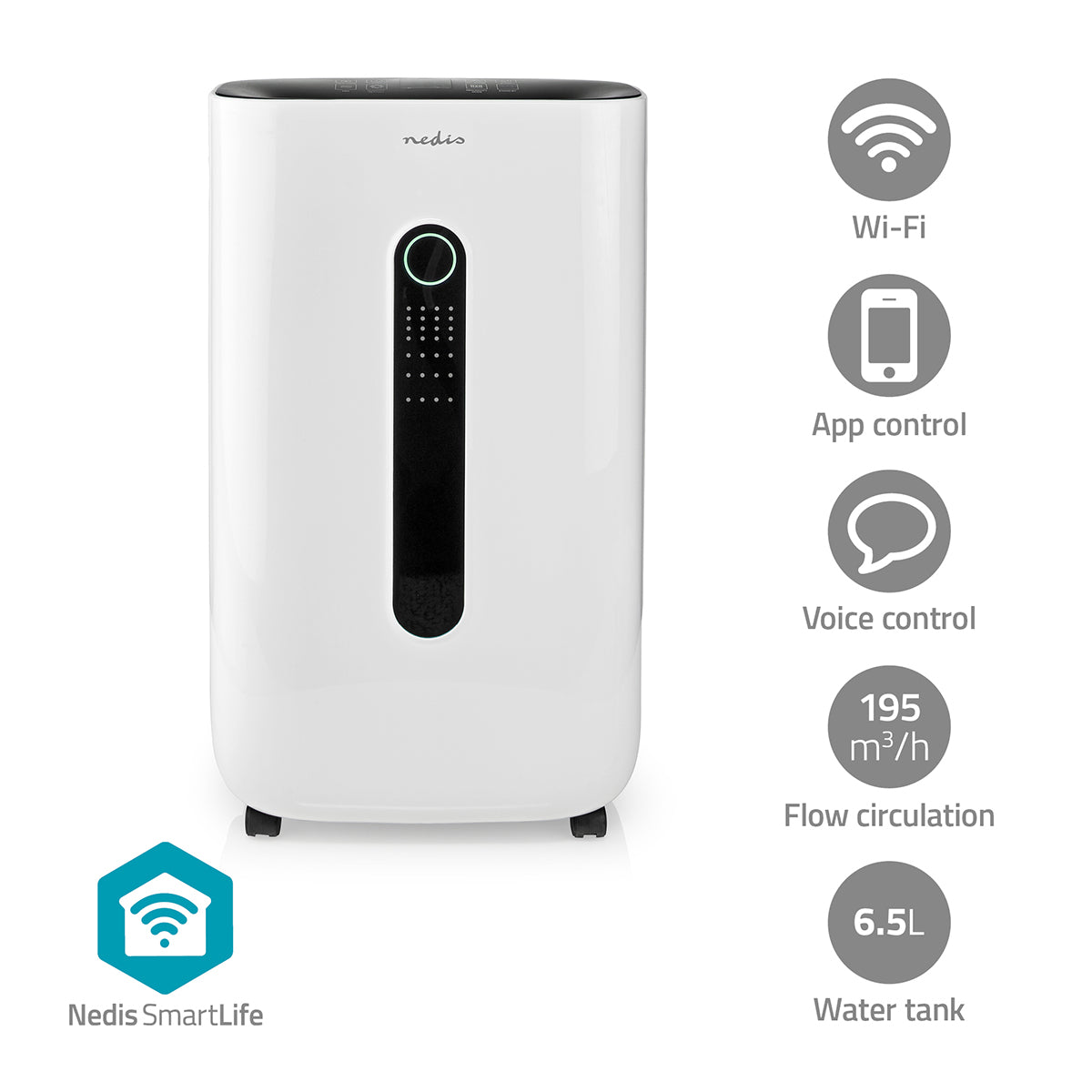 NEDIS SmartLife affugter i hvidt design med Wi-Fi, app og stemmestyring, kapacitet på 20 liter pr. dag, luftcirkulation på 195 m³/h og justerbar hygrostat, der passer til tørretumbler og ventilation.