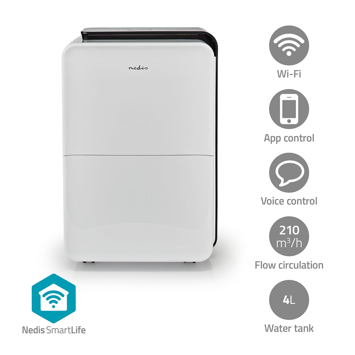 NEDIS SmartLife affugter i hvid farve med sort top, Wi-Fi-forbindelse og appkontrol, der kan styres med stemmen, med en luftcirkulation på 210 m³/h og en vandtank på 4 liter, designet til affugtning, kontinuerlig drift og tørring af vasketøj.