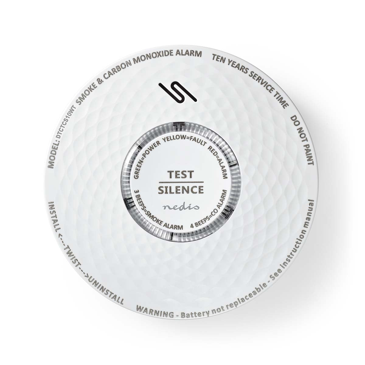 Rund hvid røg- og kuliltealarm fra Nedis med testknap og indikatorlys, batterilevetid op til 10 år, lydstyrke på 85 dB og fremstillet i ABS.