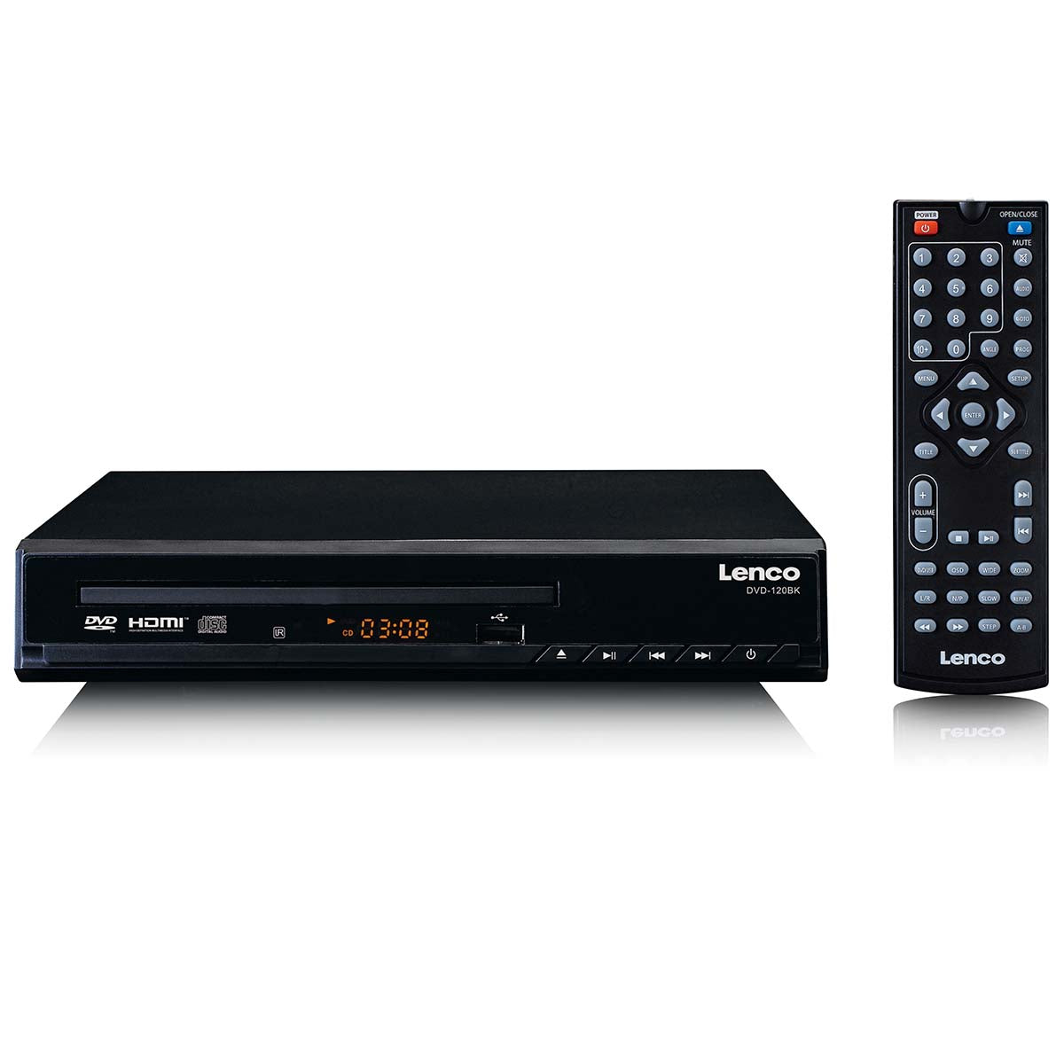 DVD-afspiller fra Lenco i sort med HDMI-tilslutning og fjernbetjening produktmodel DVD-120BK tydeligt vist på en hvid baggrund med digital tidsvisning og kontrolknapper på fronten