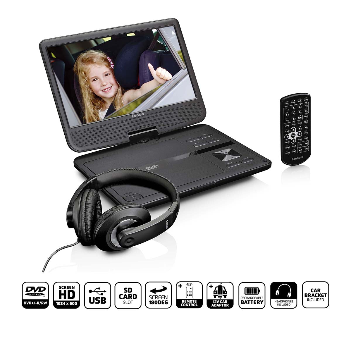 Lenco - Bærbar 10" DVD-afspiller med USB -Hovedtelefon-ophængsbeslag Sort - DVP-1010BK