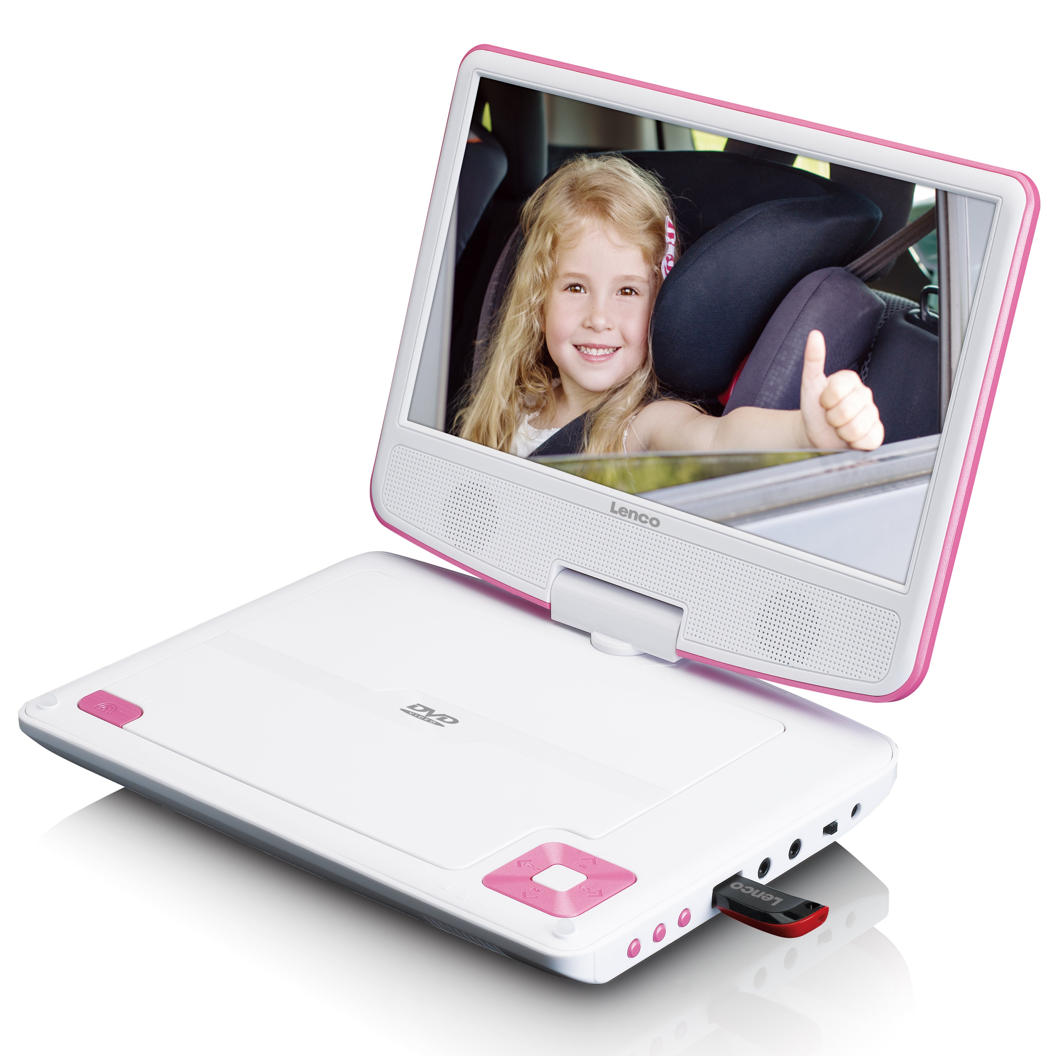 Lenco - Bærbar 9" dvd-afspiller med USB-hovedtelefoner og monteringsbeslag Pink - DVP-910PK