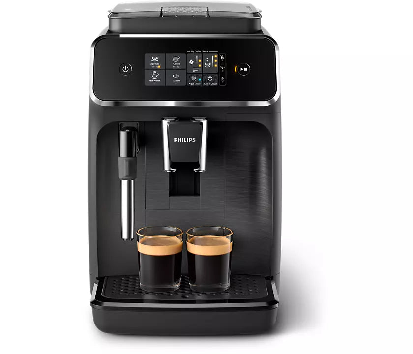 Automatisk espressomaskine Philips EP2220/10 med to glas espresso under udløbet og en digital kontrolpanel med knapper til kaffeudvalg og indstillinger