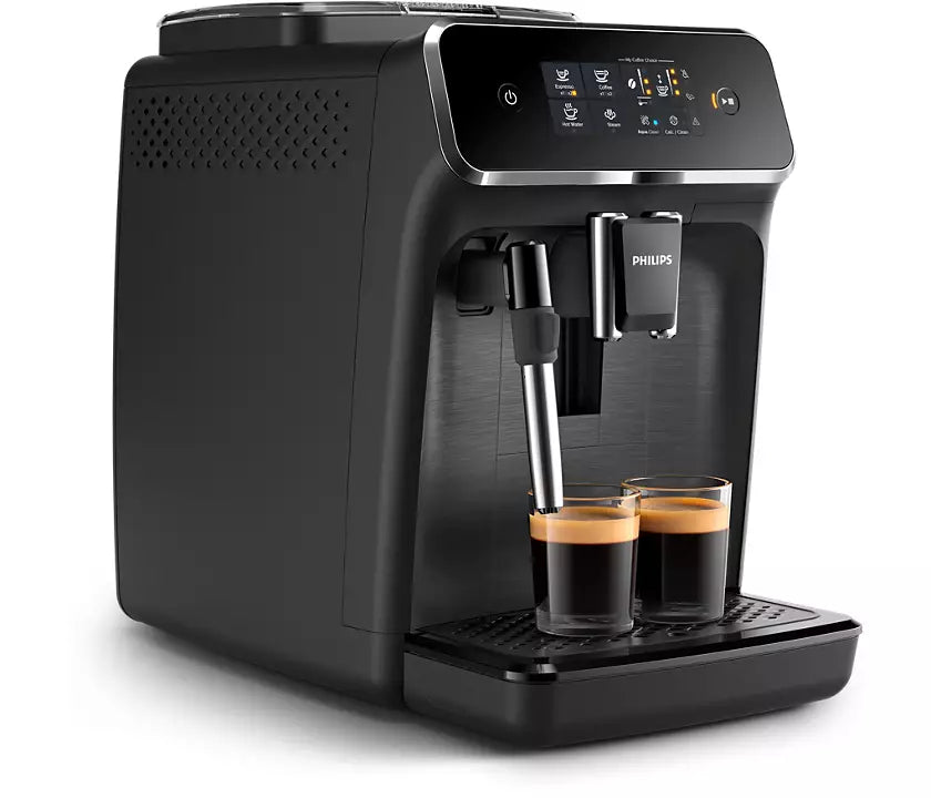 Fuldautomatisk espressomaskine fra Philips model EP2220/10 i moderne sort design med betjeningspanel og to glas espresso under udløbet.