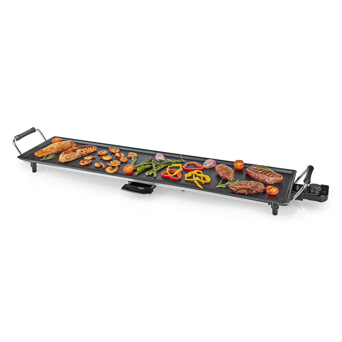 Nedis Teppanyaki bord grill med en bageplade der måler 90 x 23 cm som viser tilberedte skaldyr, grøntsager og kød på den flade grilloverflade samt justerbare varmeindstillinger