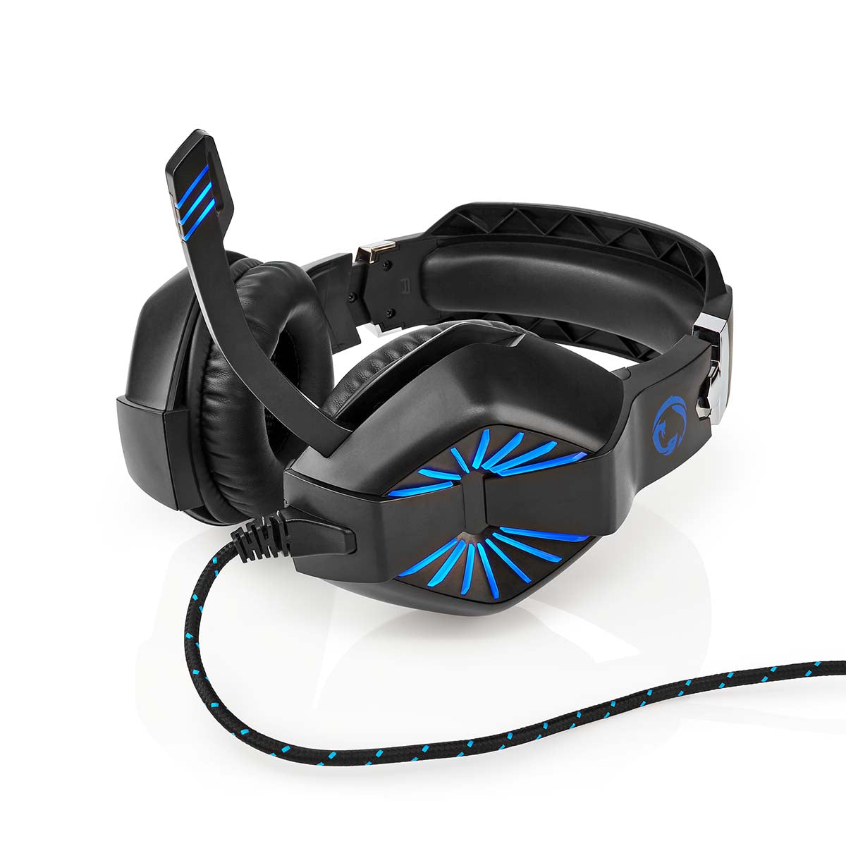 Nedis gaming headset med over-ear design i sort med blå detaljer og fold-away mikrofon samt USB Type-A og to 3.5 mm stik og 2.20 meter ledning