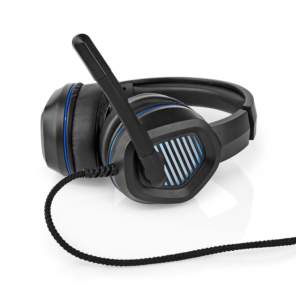 Gaming headset fra Nedis med over-ear design og surround lyd i sort farve LED lys og USB Type-A tilslutning fold-away mikrofon og 2.10 meter kabel
