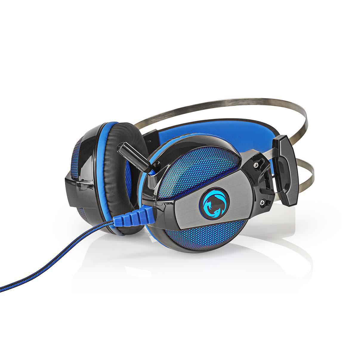 Nedis gaming headset med over-ear design og surround lyd i sort og blå farver fleksibel og udtrækkelig mikrofon USB Type-A tilslutning 2.10 meter kabel længde normal belysning