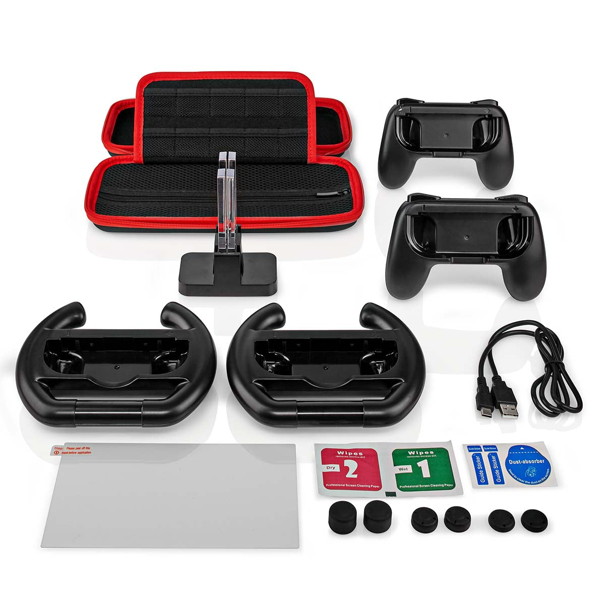 Billede af Nedis Gaming Starter Kit kompatibelt med Nintendo Switch OLED inkluderende to gamepads, en opbevaringsetui med rød kant, en kopholder, et stativ, en USB-kabel, skærmrensetilbehør og flere knapper til tilpasning. Set kan bruges til at forbedre gamingoplevelsen på Nintendo Switch.
