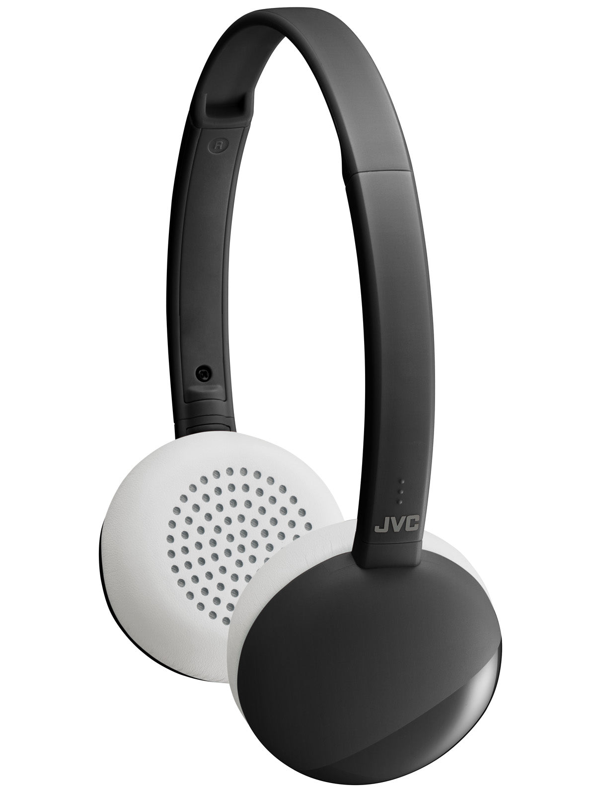 Letvægts trådløse on-ear hovedtelefoner fra JVC med sort og hvid design hvor den ene ørekop har perforeringer og den anden er glat med JVC logoet synligt på hovedbøjlen