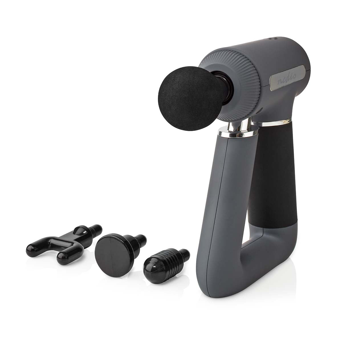 Sportsmassage pistol fra Nedis med ergonomisk design og tre udskiftelige massagehoveder til effektiv muskelafslapning og restitution