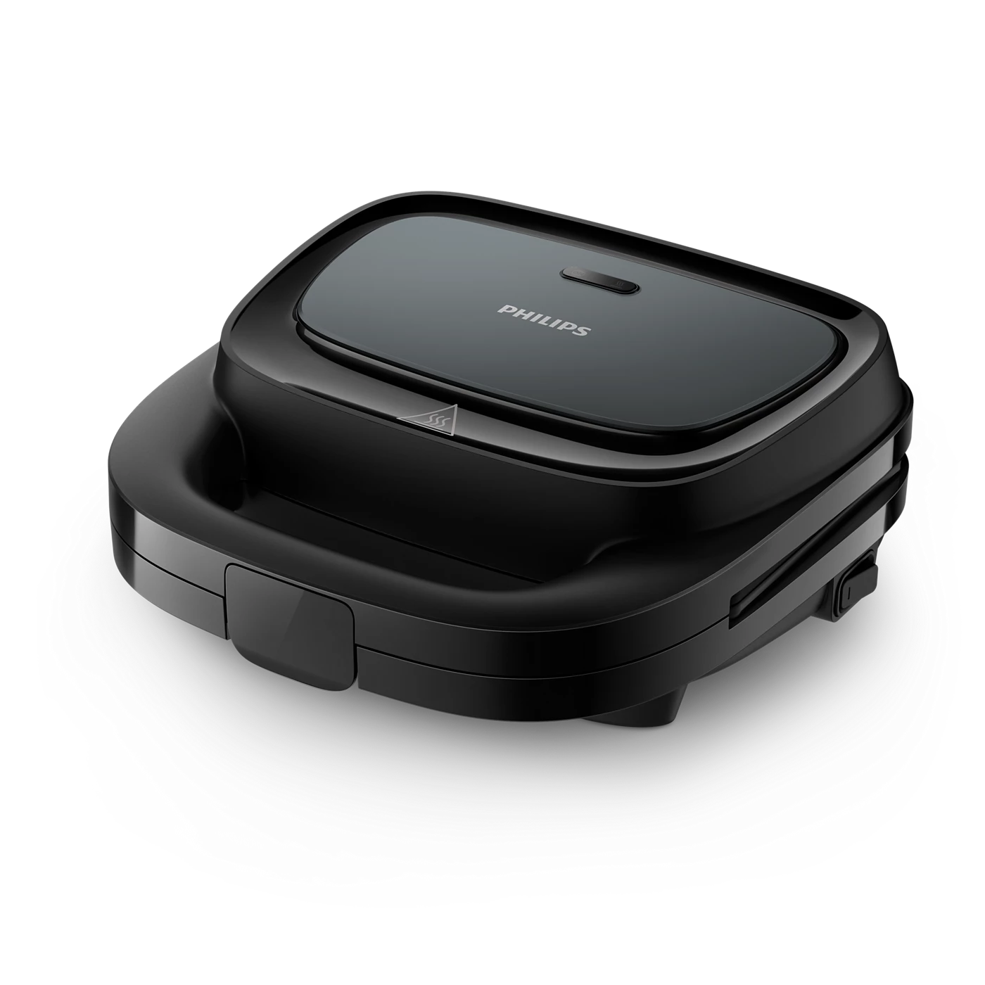 Philips HD2331/90 toastmaskine i sort med elegant design og kompakt størrelse, udstyret med en non-stick belægning og en indikatorlampe, der viser, når maskinen er klar til brug.