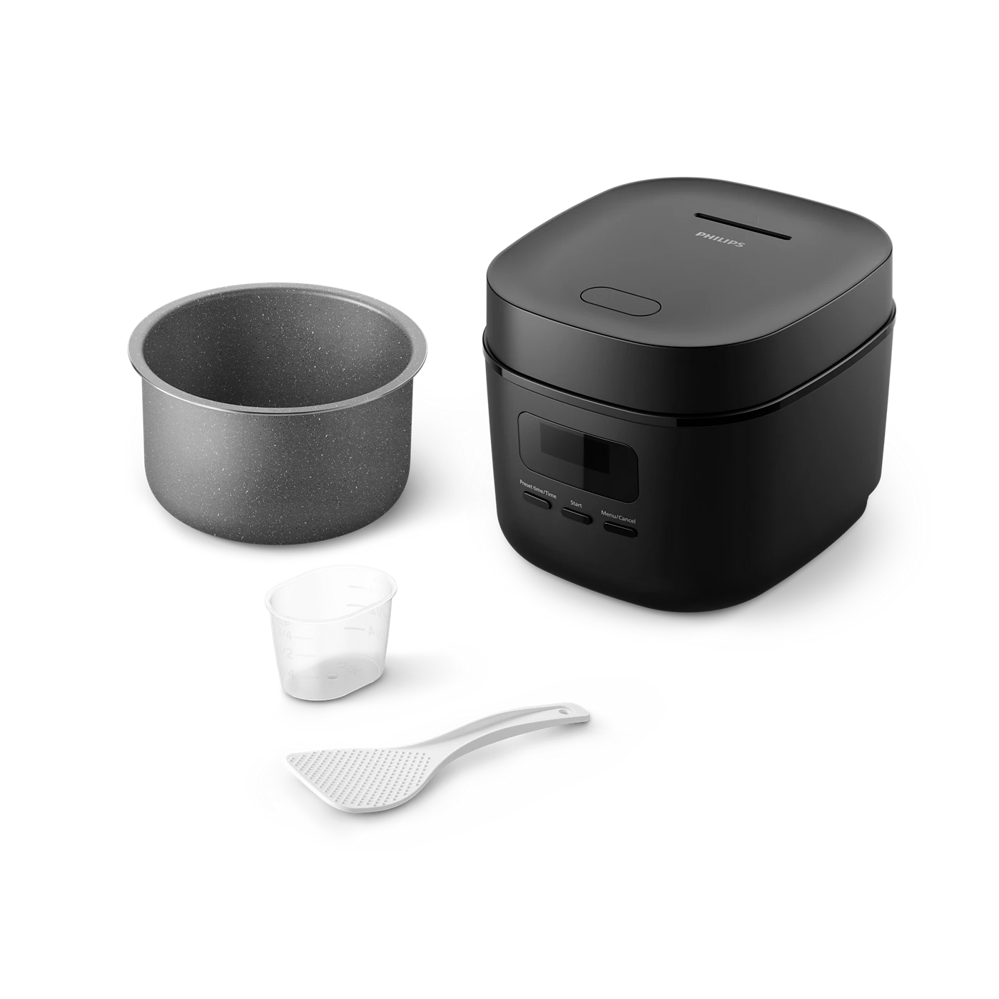 Philips Riskoger HD3080/80 med sort design inkluderer en indergryde, målebæger og skovl til servering og madlavning