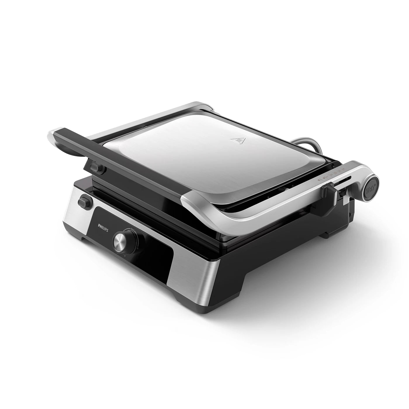 Philips kontaktgrill serie 5000 HD6301/90 set fra siden med et moderne design i sort og sølv, flad grillplade i stål, drejeknap til temperaturjustering og en stor håndtag for nem åbning og lukning