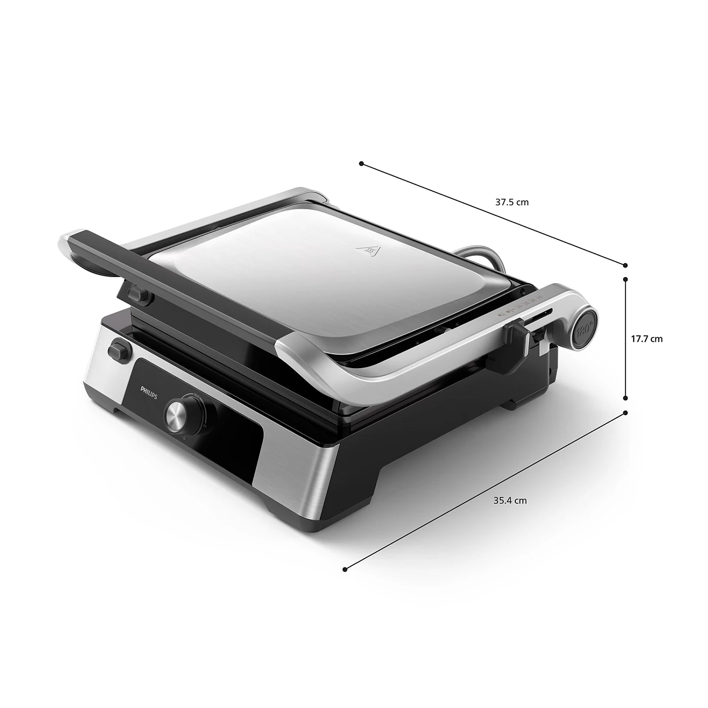 Philips kontaktgrill serie 5000 HD6301/90 set skrå fra venstre med målene 37,5 cm i bredden, 35,4 cm i dybden og 17,7 cm i højden og med en sort og sølvfarvet finish