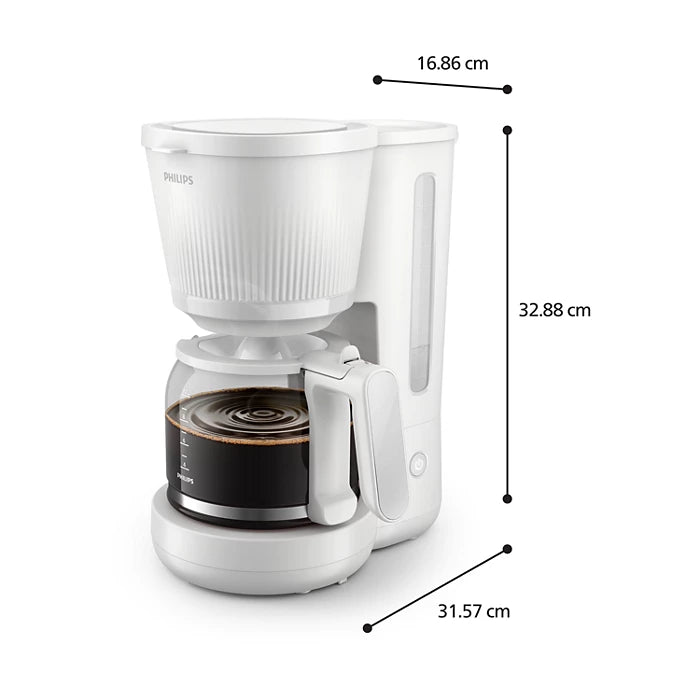 Philips kaffemaskine serie 3000 HD7411/00 i hvid farve med målene 16,86 cm i bredden, 32,88 cm i højden og 31,57 cm i dybden, designet til at brygge kaffe effektivt.