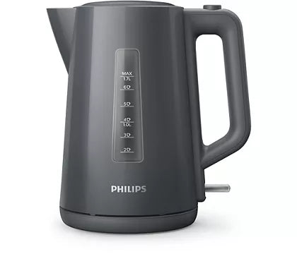 Philips HD9318/10 elkedel i grå farve med en kapacitet på 1,7 liter og en effekt på 2200 watt udstyret med vandstandsindikator og praktisk håndtag