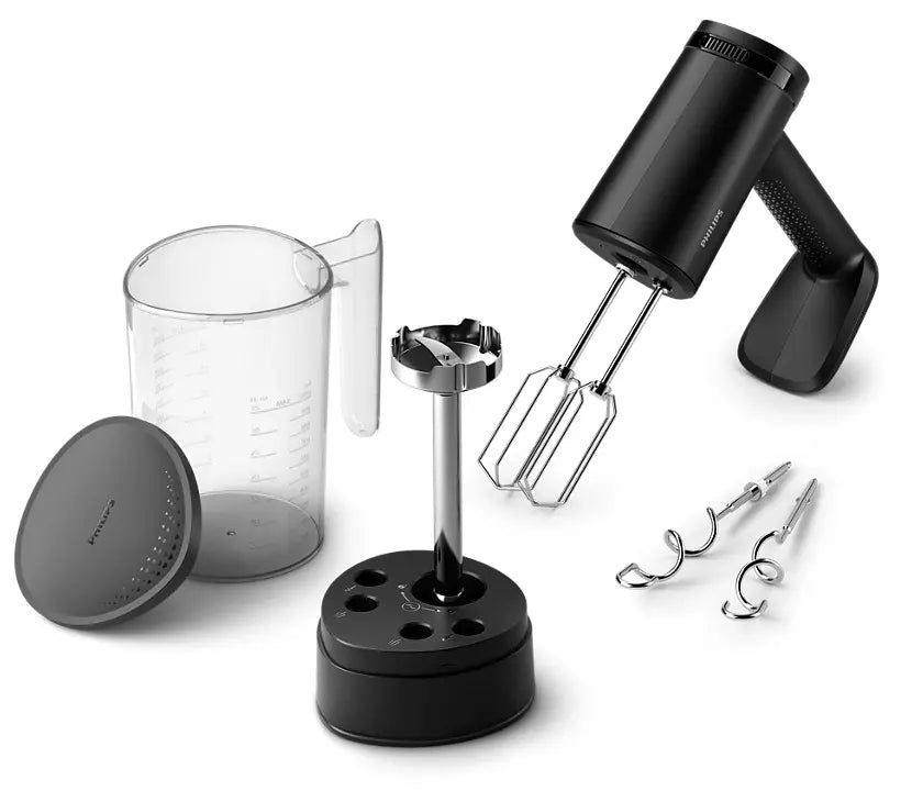Philips HR3781/10 kraftig håndmixer med effekt på 500 W inkluderer en gennemsigtig målekop et mikserskaft en opbevaringsbase og to sæt piskeris samt dejkroge i et moderne design