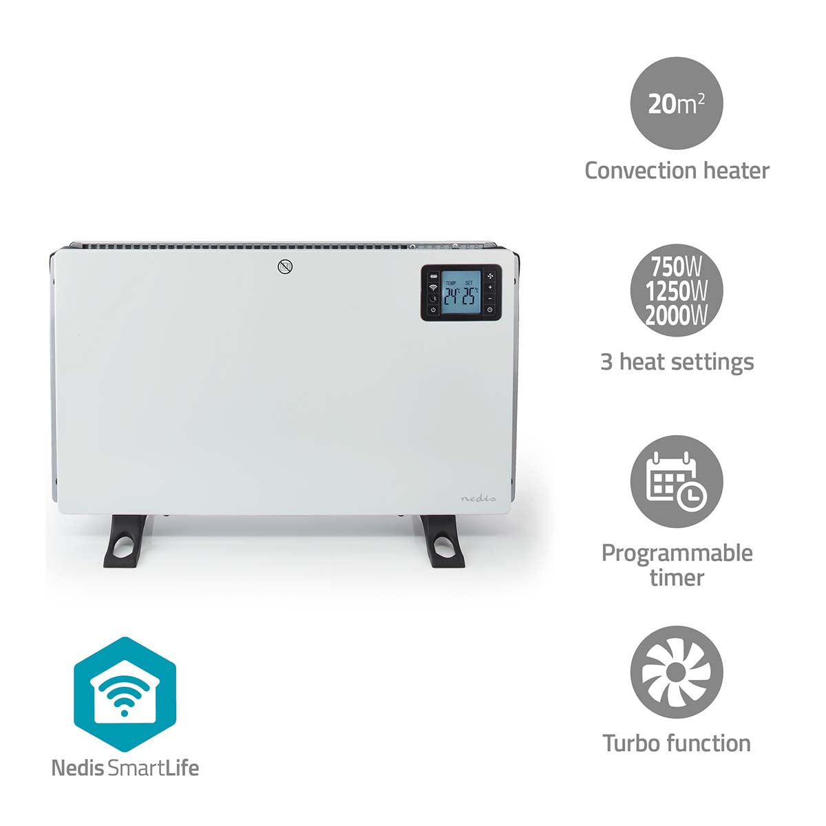Nedis SmartLife elradiator i hvid farve med LCD-skærm og tre varmeindstillinger på 750W, 1250W og 2000W velegnet til rum op til 20 kvadratmeter justerbar termostat og programmerbar timer tilgængelig
