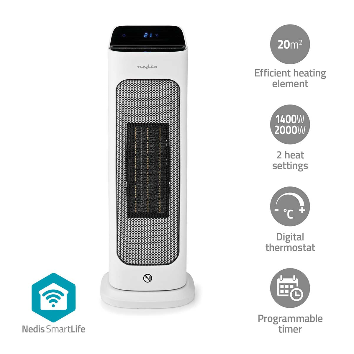 NEDIS SmartLife keramisk PTC varmeblæser med Wi-Fi, 2000 W effekt, 2 varmeindstillinger, svingfunktion, digitalt display og temperaturinterval fra 10 til 49 grader Celsius, kompatibel med Android og IOS, farve hvid.