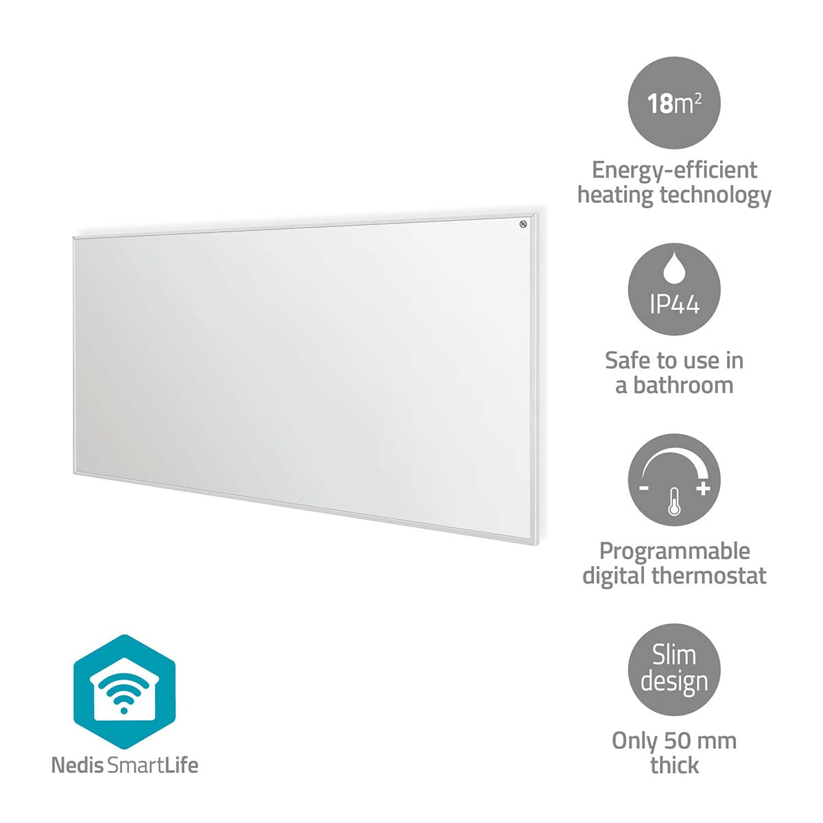 Billede af Nedis SmartLife infrarødt varmepanel med 700 W kapacitet designet til opvarmning af rum op til 18 m2 med en justerbar termostat og fjernbetjening IP44 klassificeret til sikkert brug i badeværelser slim design med en tykkelse på kun 50 mm