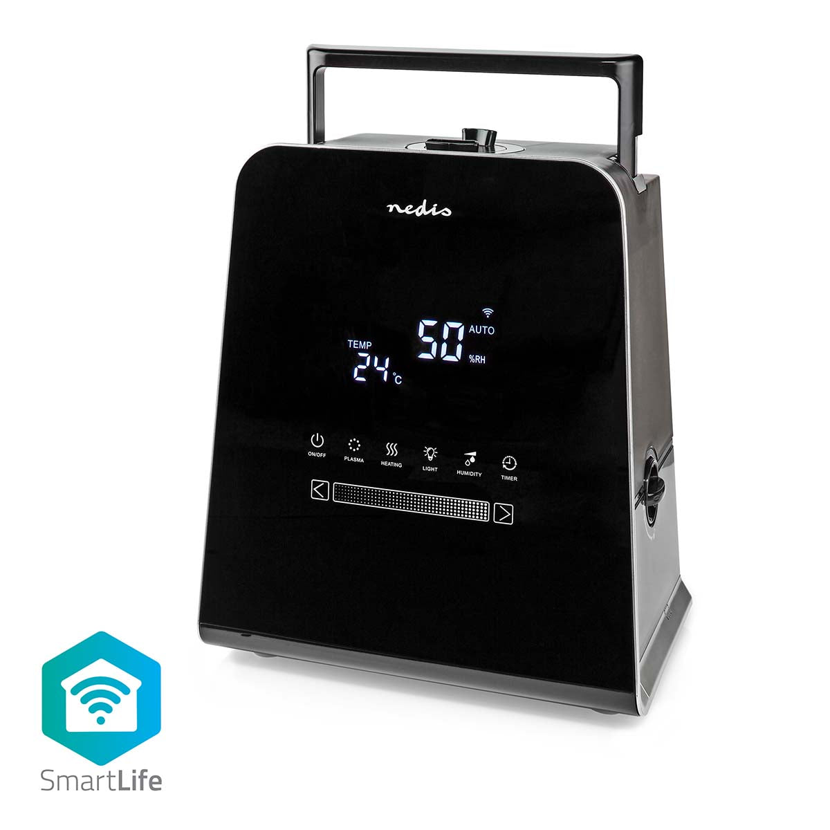 Nedis SmartLife luftfugter med 110 W kapacitet sort design viser temperatur og luftfugtighed på digital skærm har funktioner til kold og varm tåge med 5.5 liters vandkapacitet hygrostat timer og fjernbetjening samt nattilstand