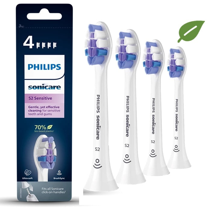 Fire Philips Sonicare S2 Sensitive tandbørstehoveder pakket i en attraktiv emballage der fremhæver bløde børstehår til effektiv rengøring af følsomme tænder og tandkød designet til at passe til alle Sonicare håndtag med BrushSync teknologi