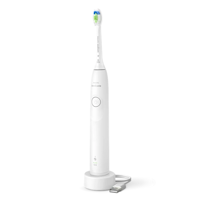 Philips Sonicare 5300 genopladelig tandbørste HX7108/01 med slank hvidt design og en farvet tandbørstehoved, placeret på en ladebase med ladekabel synligt.
