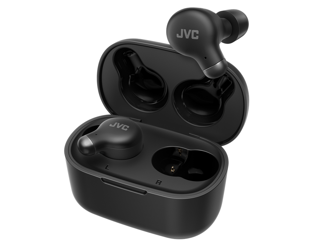 JVC HA-A25T-BU True Wireless in-ear hovedtelefoner med støjreduktion i sort farve placeret i deres opladeretui med åben låg