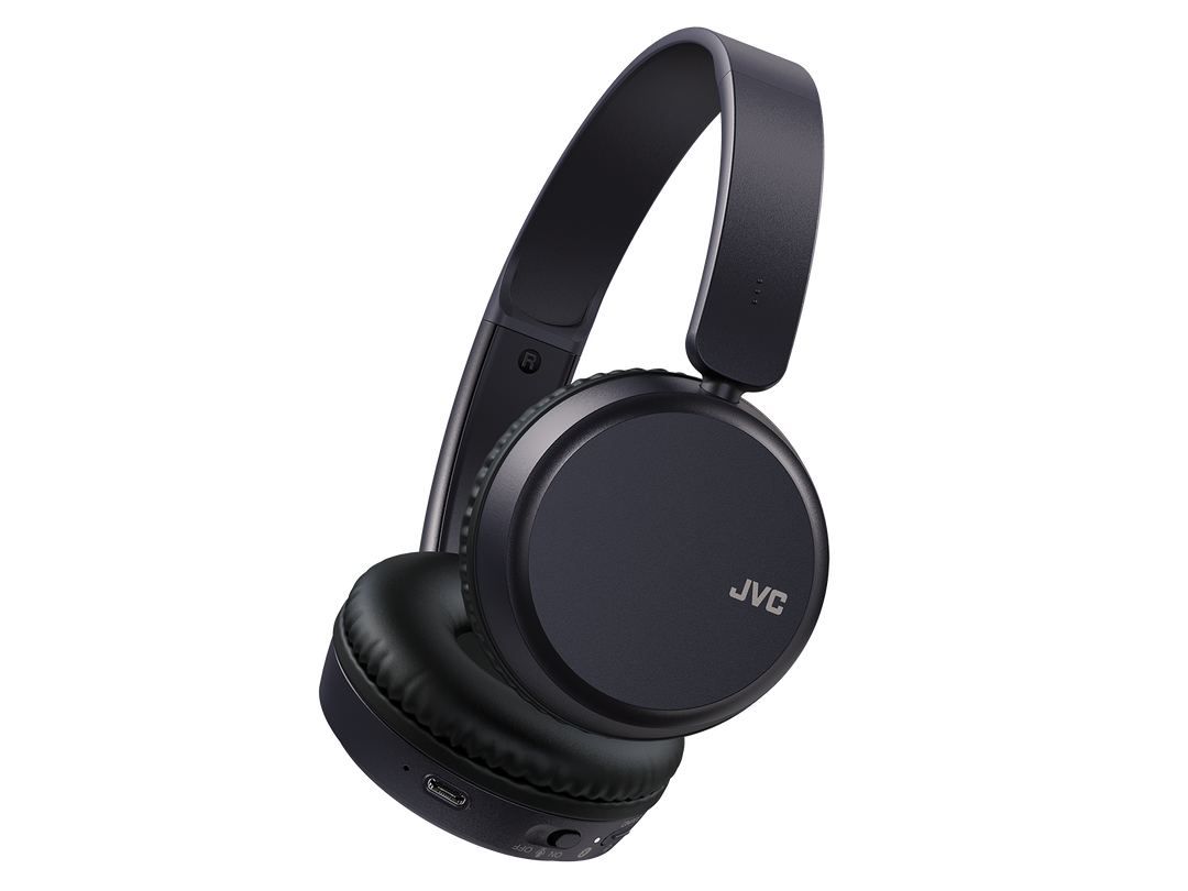 On-ear Bluetooth hovedtelefoner fra JVC i farven blå med bløde puder og justerbar hovedbøjle designet til komfort og nemt brug til musik og opkald