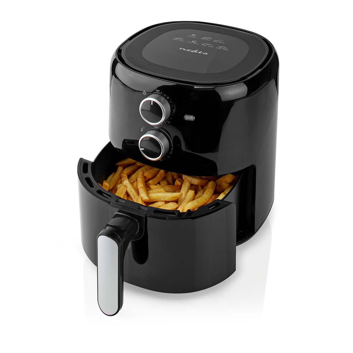 Nedis KAAF130BK air fryer med 3 liters kapacitet sort design og to kontrolknapper synlig med sprøde pomfritter i gryden