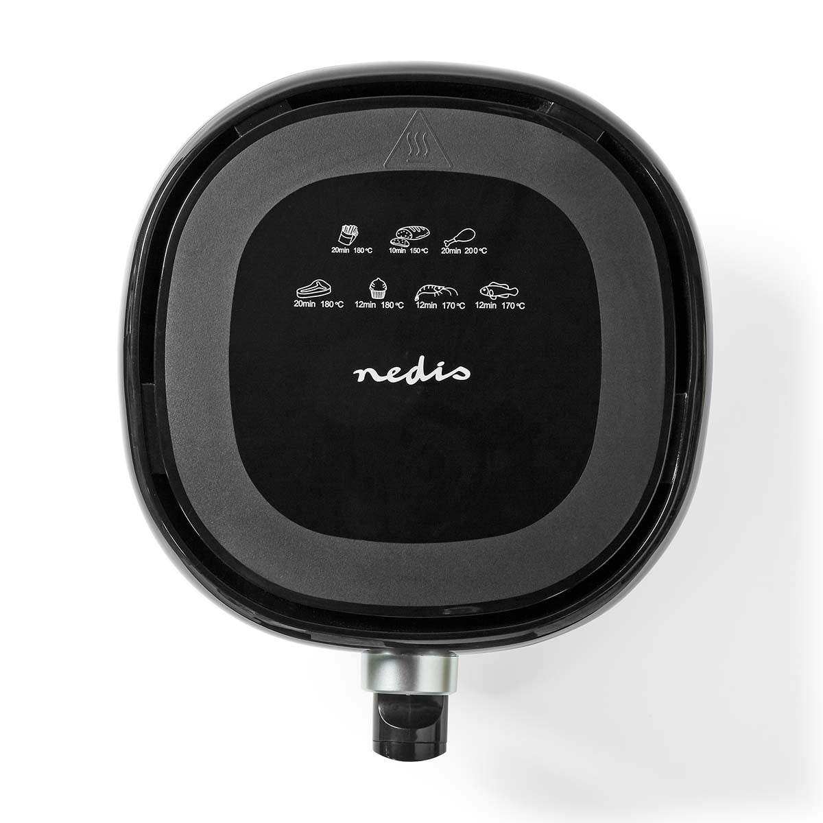 Billede af Nedis KAAF130BK Hot Air Fryer 3L set fra oven med et sort kontrolpanel hvor der er en elegant logo og forskellige madlavningsindstillinger tydeligt afmærket med temperaturer og tidspunkter for tilberedning