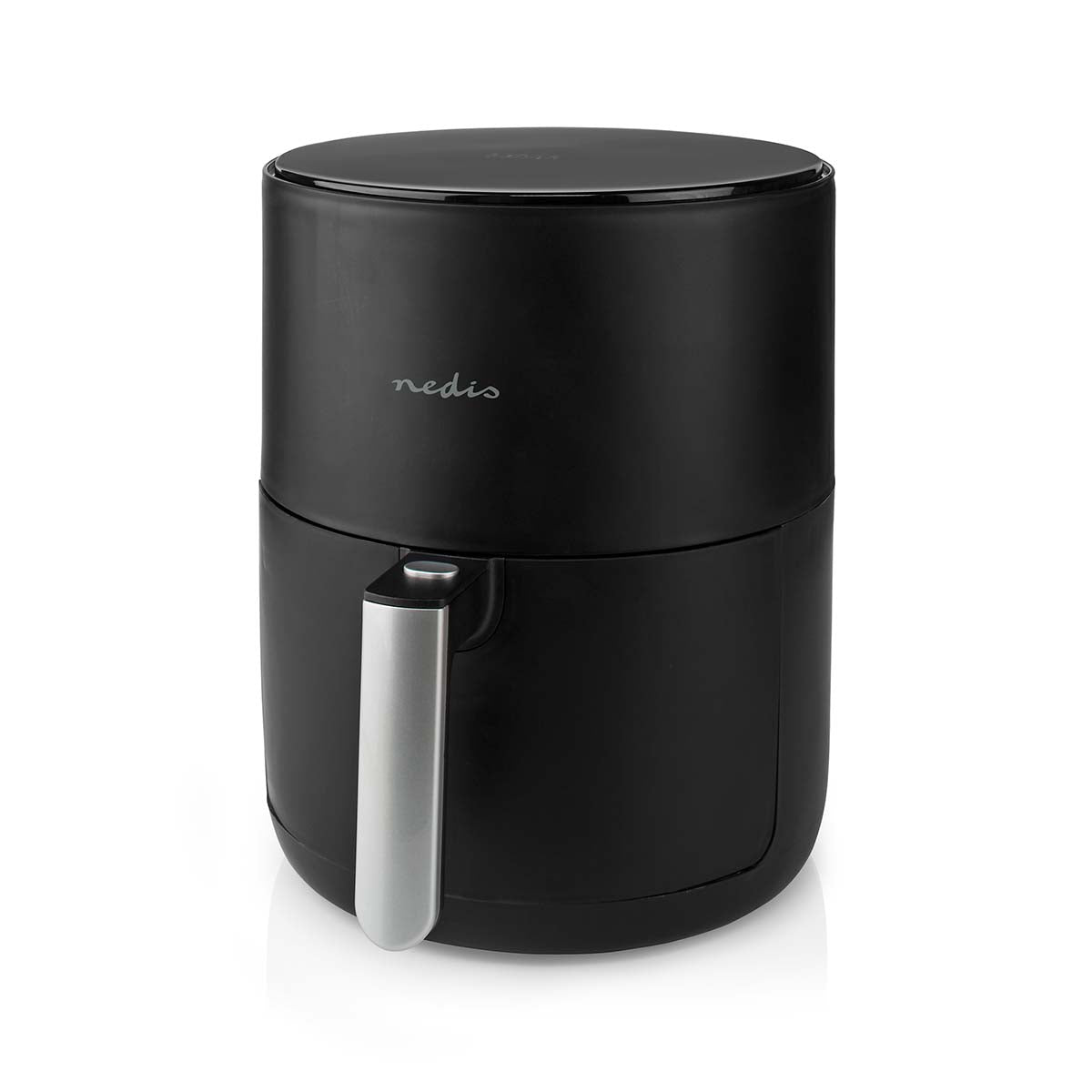 Nedis KAAF140BK airfryer i sort med en glat overflade og en krom betjeningsknap for optimal brugervenlighed og moderne design