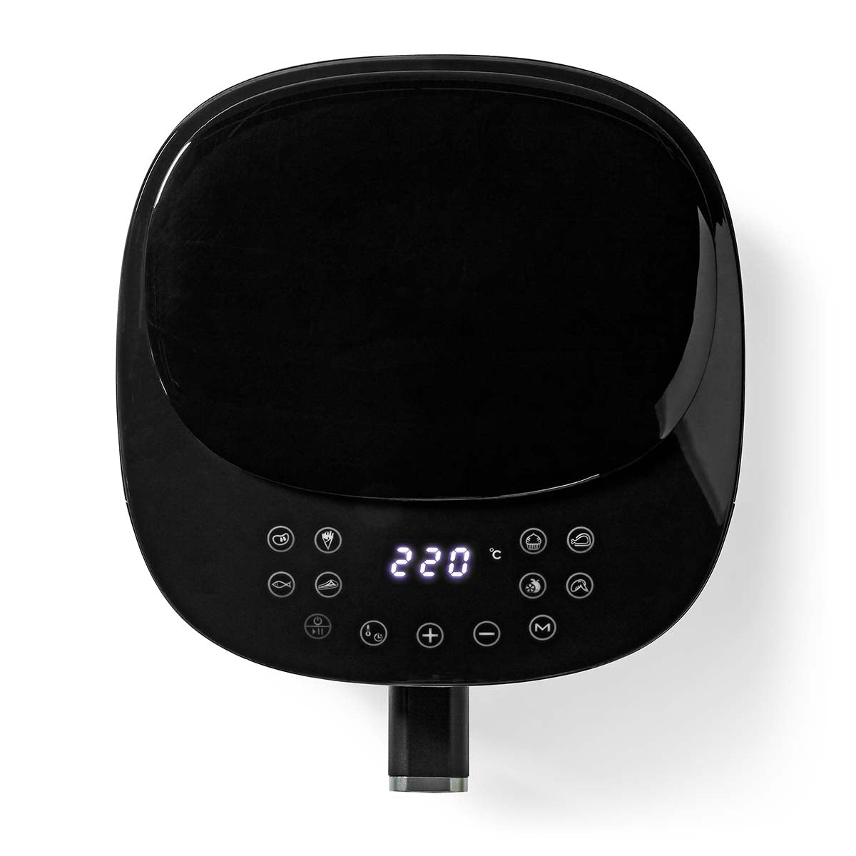 Nedis KAAF160BK varm luftfryer i sort med en glat overflade og digitale kontrolknapper der viser temperaturen på 220 grader Celsius