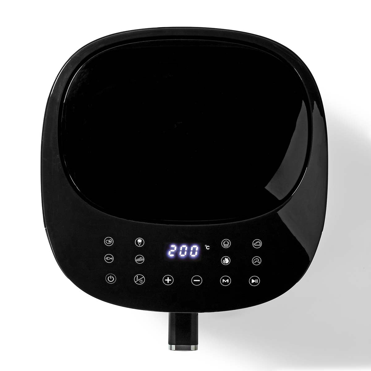 Nedis KAAF170BK luftfrityr med sort overflade og digitale kontroller viser temperaturindstilling på 200 grader Celsius