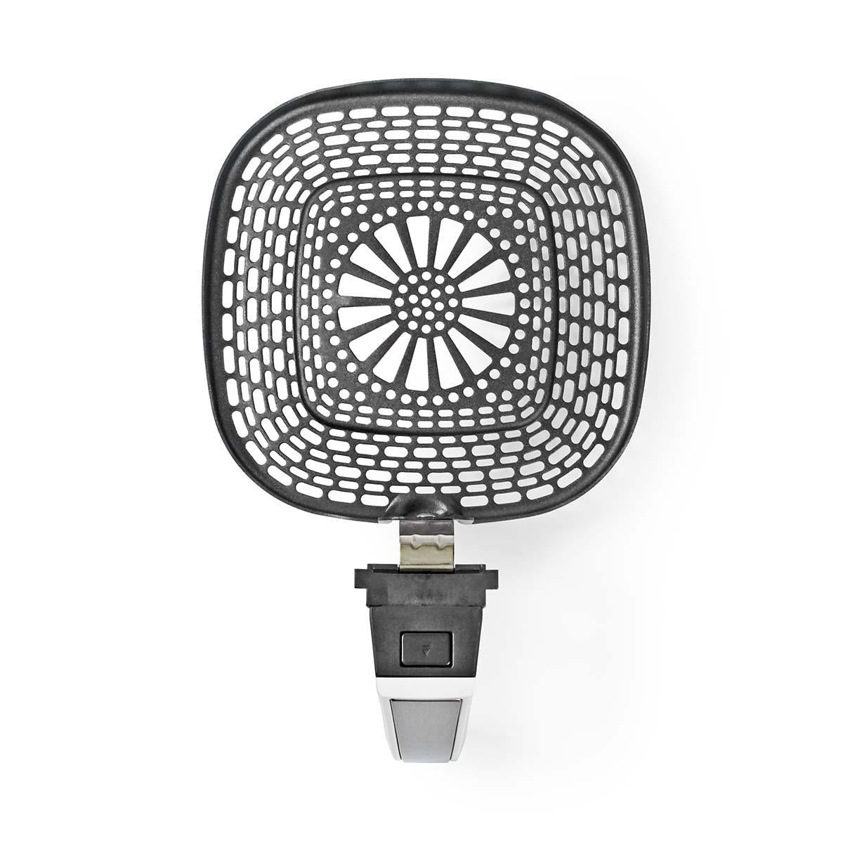 Nedis hot air fryer grillpande set ovenfra med non-stick belægning klar til opvaskemaskine i metalfarve grå med midt i en klar cirkeldesign og betjeningsknap ved håndtaget