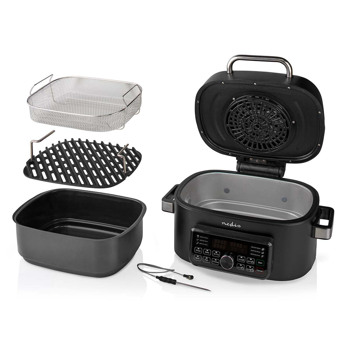 Nedis KAAFG600BK Hot Airfryer 6L set fra oven med åbent låg og synlige dele herunder en kurv en metalrist og en silikonebund til madlavning med kontrolpanel i fronten