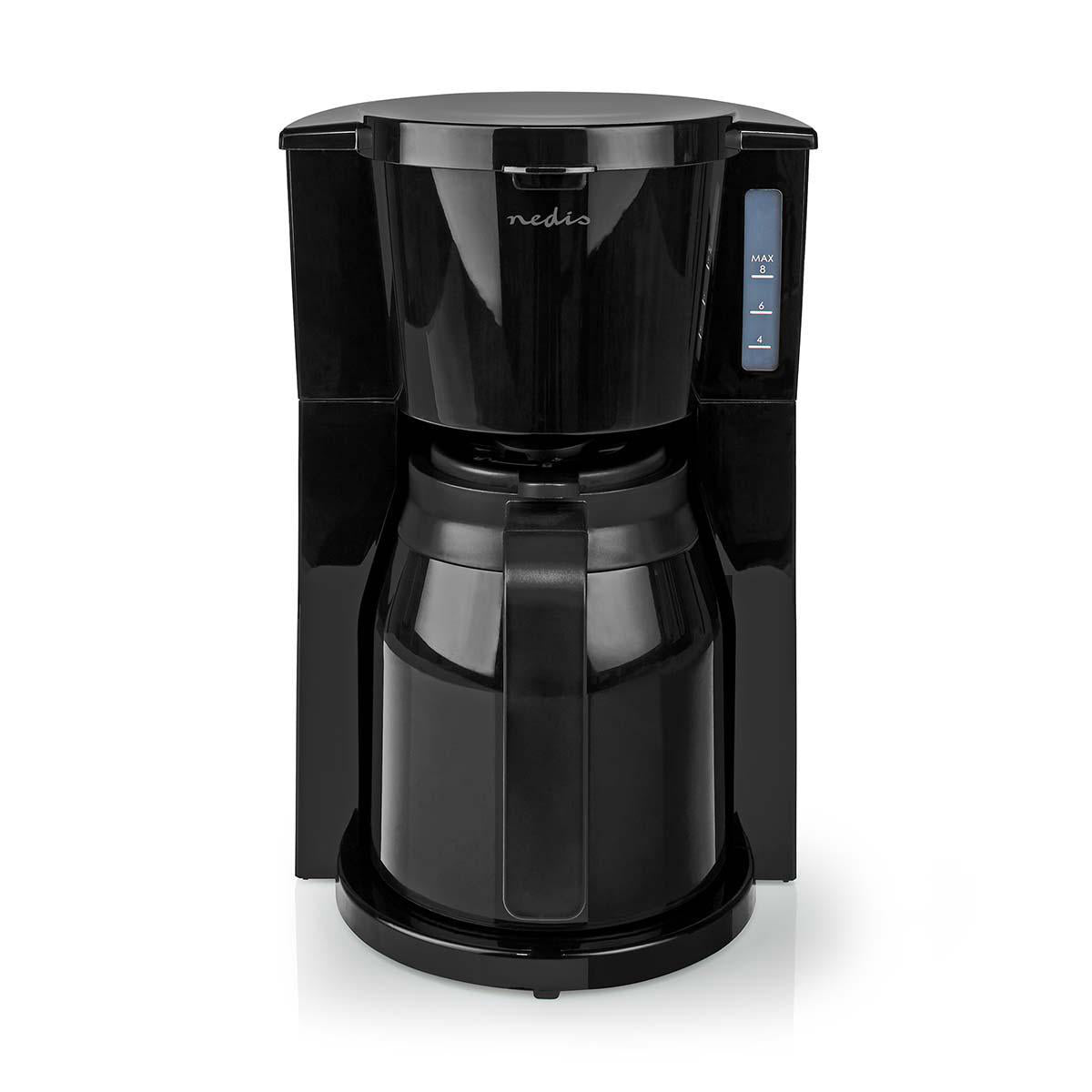 Nedis kaffemaskine i sort med kapacitet på 1,0 liter der kan lave op til 8 kopper filterkaffe, udstyret med en praktisk glaskande og en brugervenlig betjeningspanel på siden