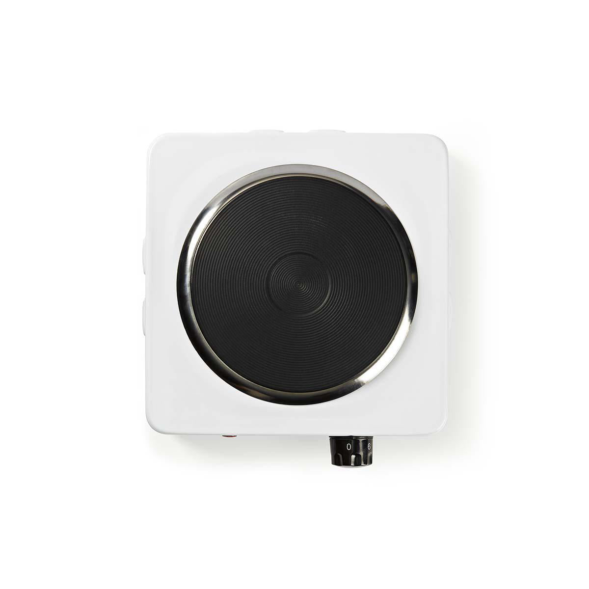 Elektrisk kogeplade fra Nedis med en enkelt kogeplade der har en effekt på 1500 W i hvid farve med overophedningsbeskyttelse og termostatknap