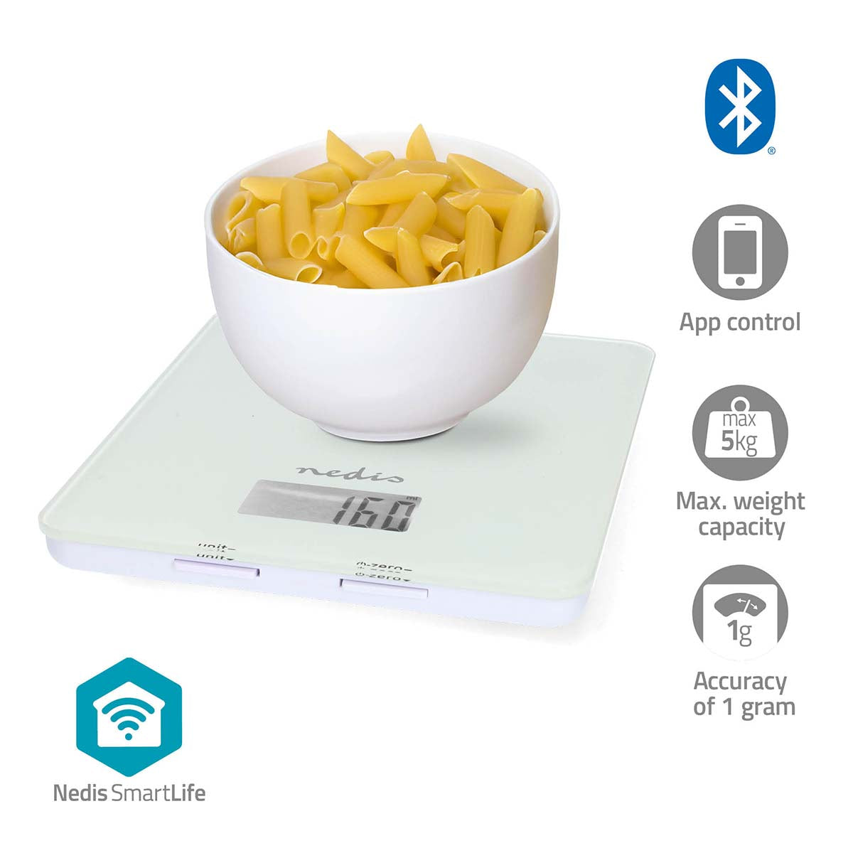 NEDIS SmartLife køkkenvægt med Bluetooth funtkionalitet i hvid glas og plastik viser en skål med pasta på vægten der angiver 160 gram med maksimal vægtkapacitet på 5 kg og nøjagtighed på 1 gram