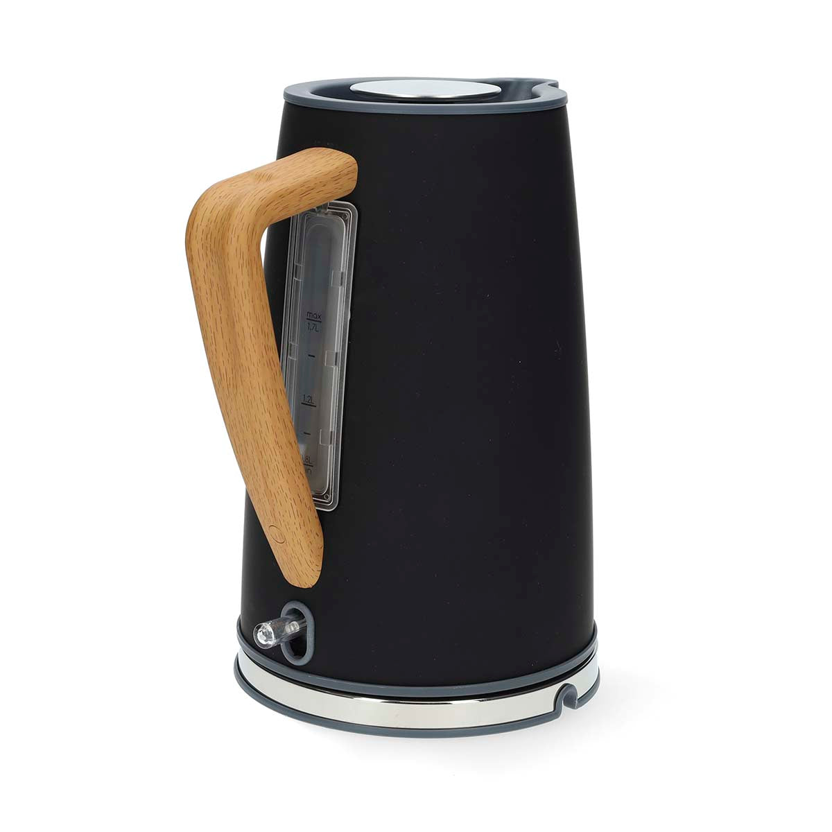 Elkedel fra Nedis i sort med en træfarvet håndtag og en gennemsigtig målekop på siden