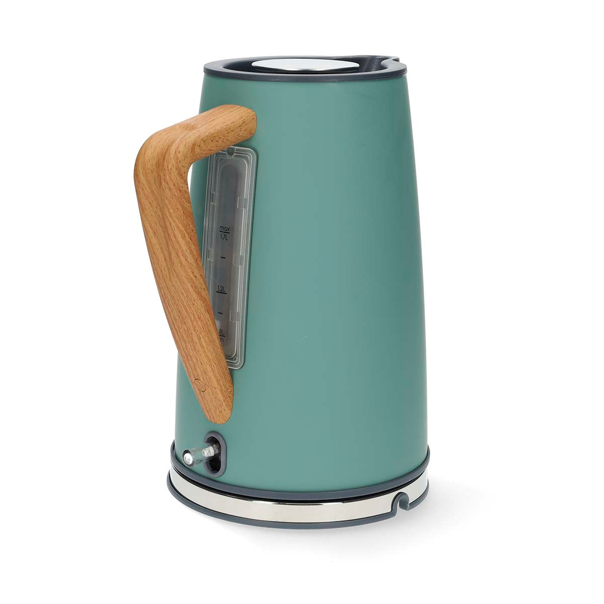 Nedis KAWK510EGN elkedel med en moderne grøn overflade og et naturtræshandtag synlig på siden med en vandmåler på kroppen som viser kapacitet op til 1,7 liter