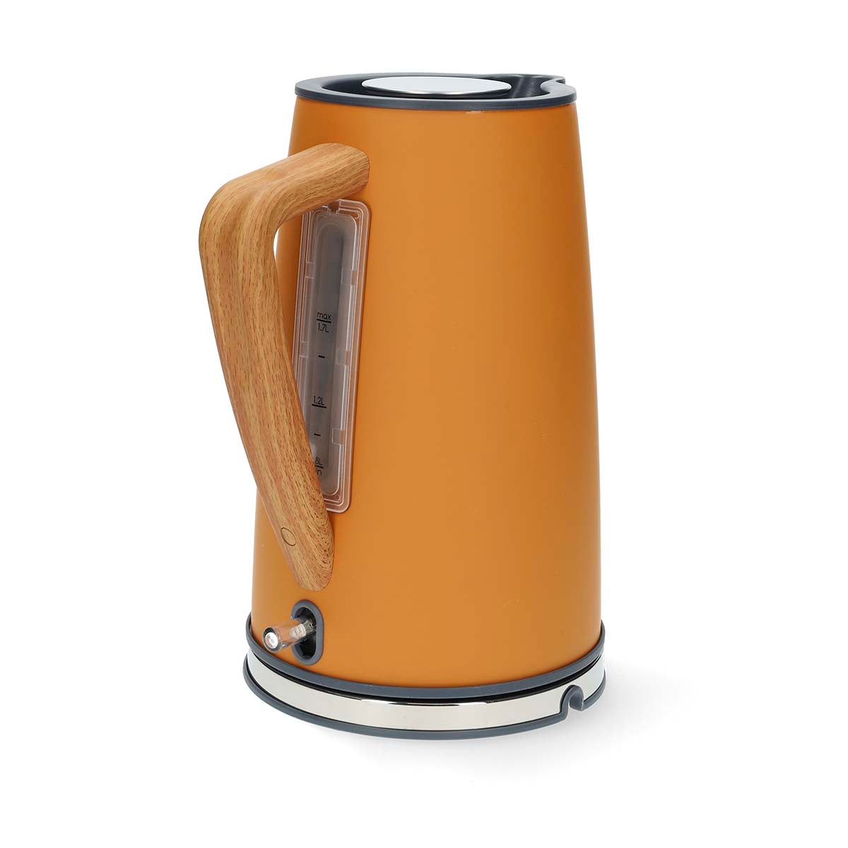 Elkedel Nedis KAWK510EOR i en varm orange farve med en træagtig håndtag og gennemsigtig vandmåler på siden