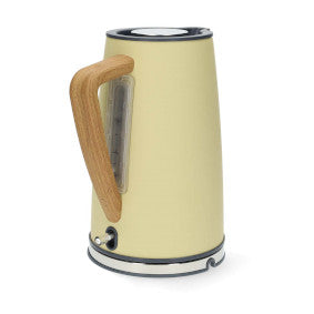 Elkedelen Nedis KAWK510EYW med en lys gul overflade og en træagtig håndtag designet til nem brug og komfort